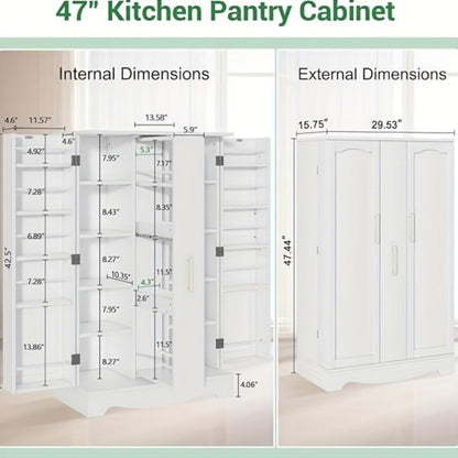 Kitchen Pantry Cabinet 47 Inch with Drawer Adjustable Shelves Buffet Sideboard Cupboard Storage Cabinet for Kitchen Living Room White Black Brown Grey