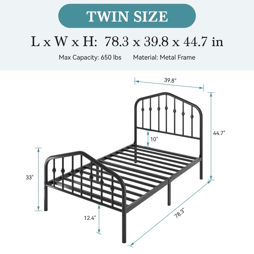 Queen Size Victorian Platform Bed Frame with Wrought Iron Headboard & Footboard – 14" Tall, No Box Spring Needed, Heavy-Duty Steel Slat Support, Elegant Antique Style Bedroom Furniture