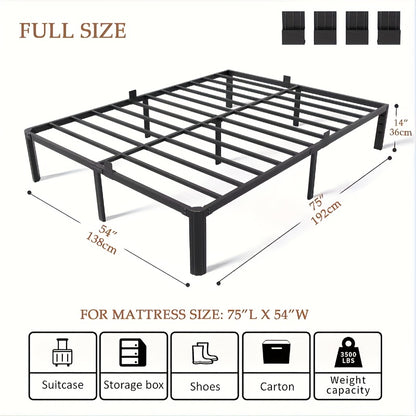 14 Inch Black Metal Bed Frame, King/Queen/Full/Twin Upgraded Rounded Fan-shaped Legs, 4 Mattress Limiters, 3500LBS Heavy-duty Steel Bars, No Need for Springs, No Noise, Reinforced Large Storage Space Below, Not Including Headboard, Easy to Assemble