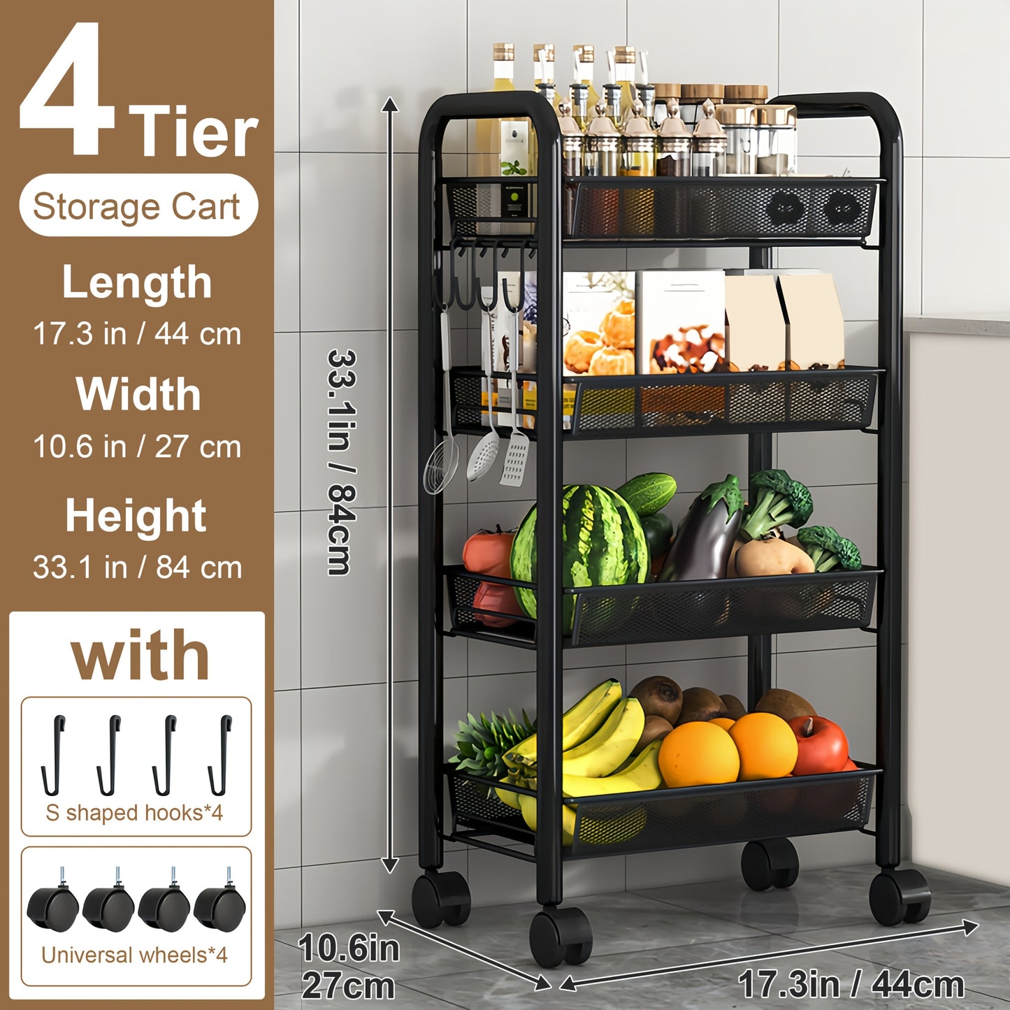 1pc 3/4/5 Tier Swivel Kitchen Storage Cart - Durable Carbon Steel Storage Rack with 360 Degree Swivel Wheels And Mesh Basket, Space-Saving Storage Trolley for Home, Office, Bathroom, Kitchen, Living Room Multifunctional Shelf