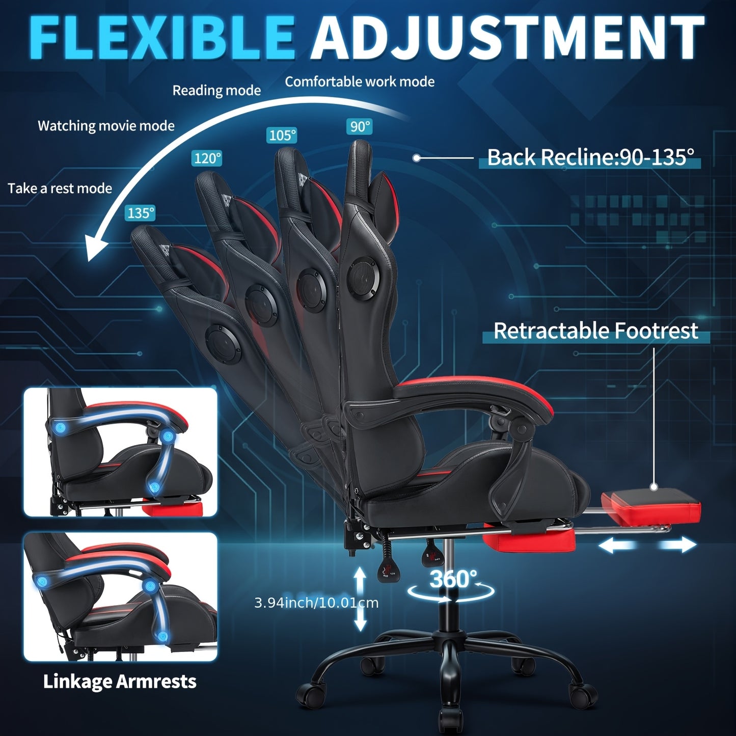 HOFFREE 2 Point Massage Lumbar Support Bar - Ergonomic Gaming Chair, Sponge-Filling, Rotating Back And Cushioned Seat For PC, Laptop, Gaming Setup, Wireless Gaming Chair, Comfortable Recliner