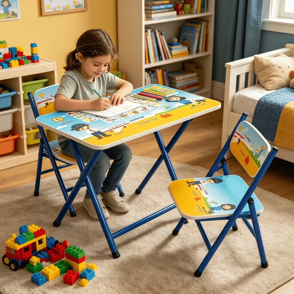 Foldable Kids Table and Chair Set with Cute Patterns, Sturdy Metal Frame Children's Activity Desk for Writing Drawing Playtime, Toddler Table Set for Home Playroom Classroom