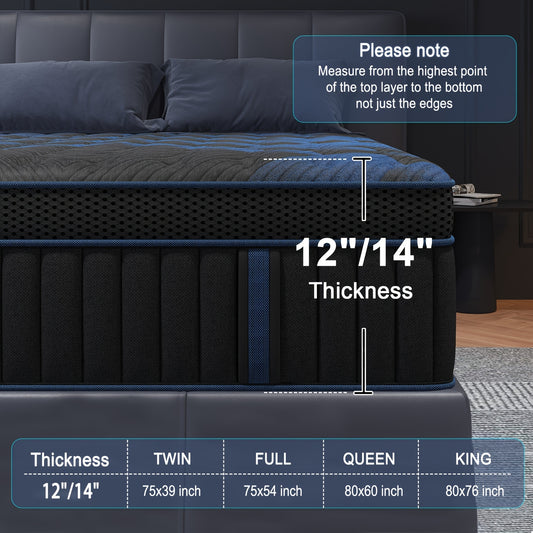 [Gel Memory Foam Mattress] 12/14 Inch Gel Memory Foam Mattress Hybrid Pocket Spring Twin Full Queen King Bed Mattress In A Box, Euro Top Medium Firm for Back & Lumbar Support, Individual Pocket Spring Bed for Motion Isolation & Fiberglass Free