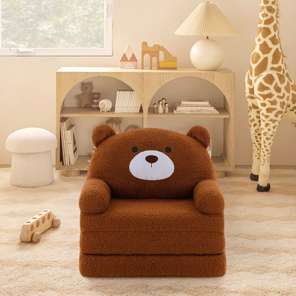 Cute Teddy Bear Kids Foldable Sofa 2-In-1 Fold Out Couch Soft Polar Fleece Chair High-Density Foam PP Cotton Lounger for Playroom Boys Girls Room Decor