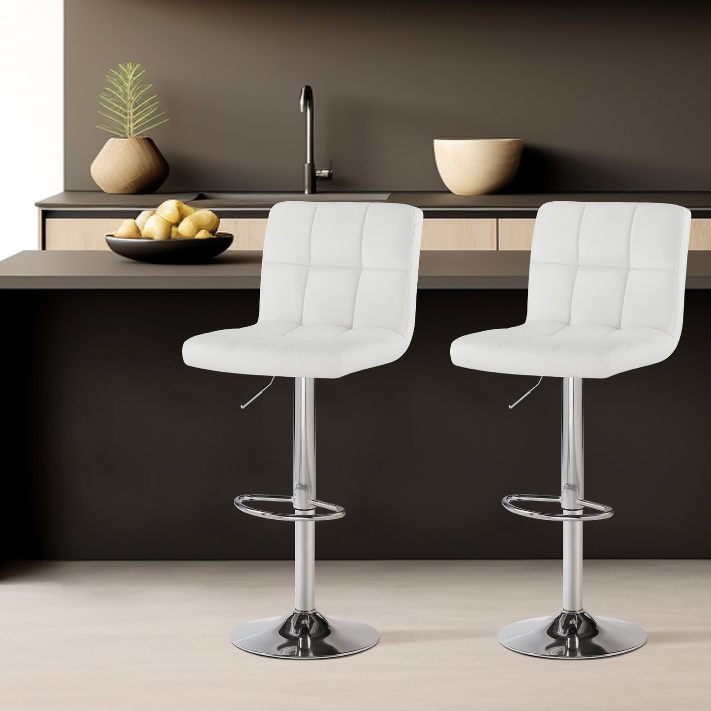 MCQ Bar Stools Set, Armless Adjustable Swivel Barstools, PU Leather Hydraulic Kitchen Counter Height Bar Stools, Thickened Seat Cushion with Back