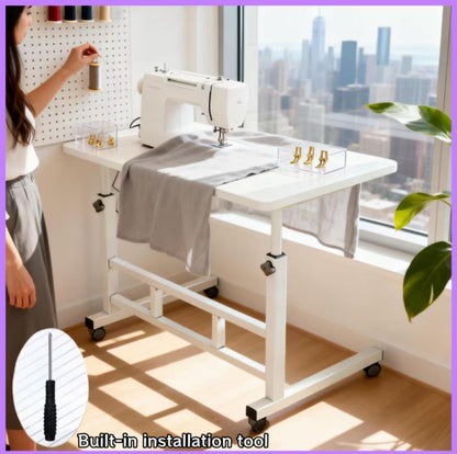 Adjustable Height Wheeled Mobile Table | Movable Multi-Purpose Side Table/Folding Table With Reinforced Frame And Lockable Wheels, Sewing Table With Lift Stand, Available In Black/White - Ideal For Bedrooms, Living Rooms, Studies, Small Spaces