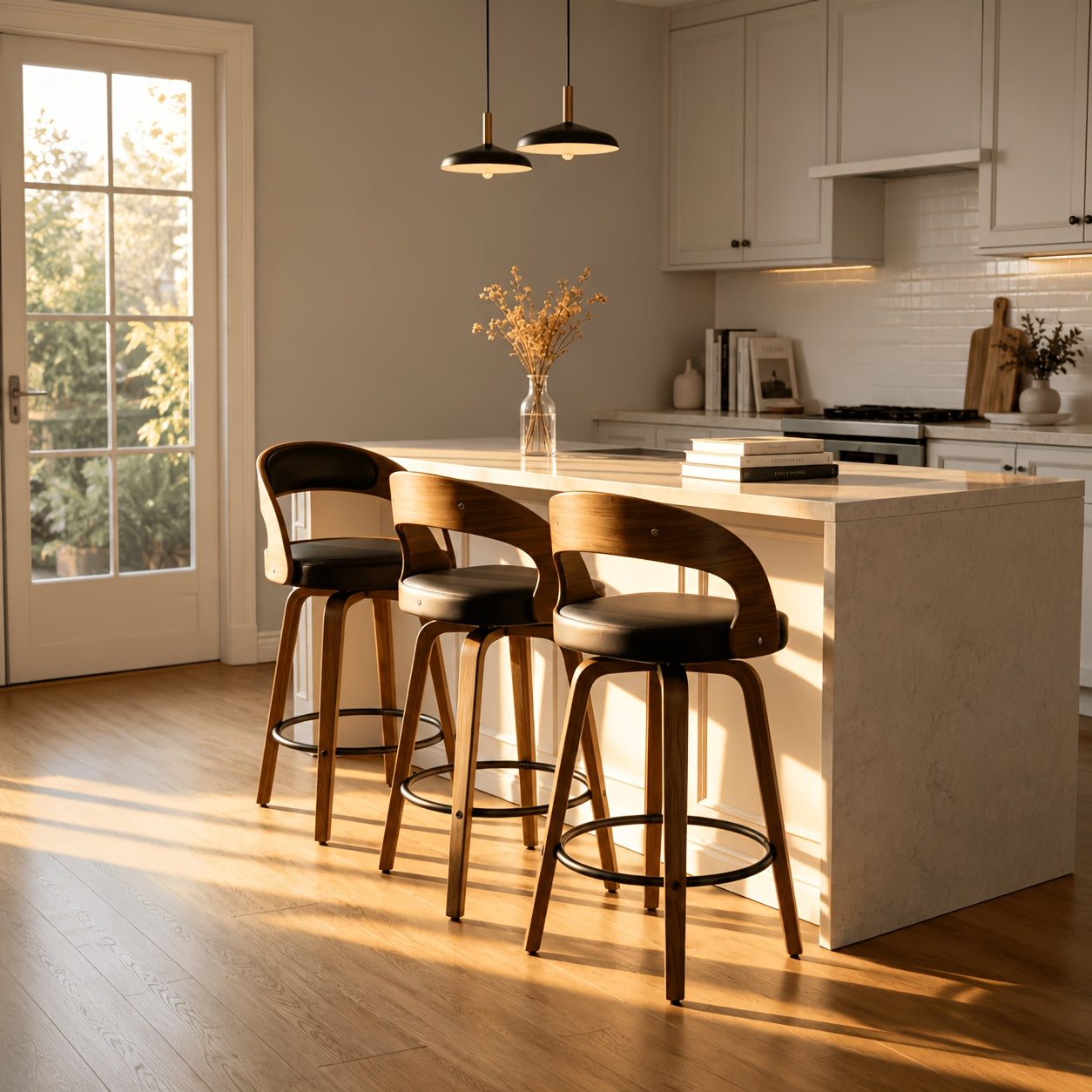 Modern 26" Counter Height Bar Stools Set Of 2, Ergonomic Faux Leather Swivel Chairs With Solid Wood Legs & Metal Footrest, Armless Design For Kitchen & Home Bar