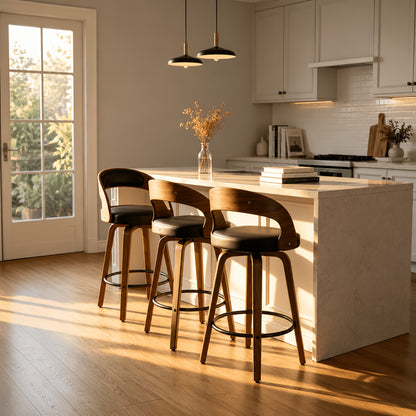 Modern 26" Counter Height Bar Stools Set Of 2, Ergonomic Faux Leather Swivel Chairs With Solid Wood Legs & Metal Footrest, Armless Design For Kitchen & Home Bar