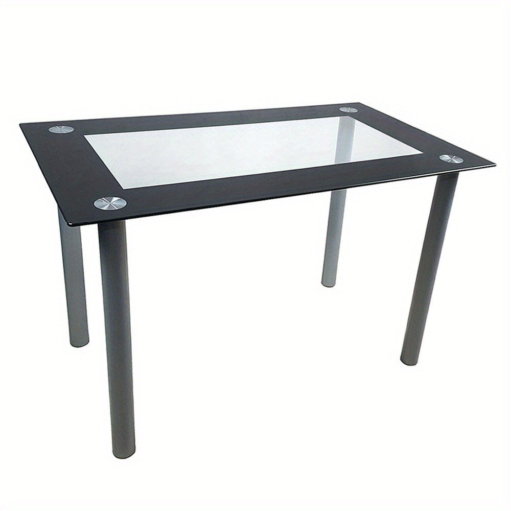 Rectangular Tempered Glass Dining Table for 4 – Clear Glass Top with Black Stainless Steel Cylindrical Legs – Modern Small Dining Table (Chairs Not Included)