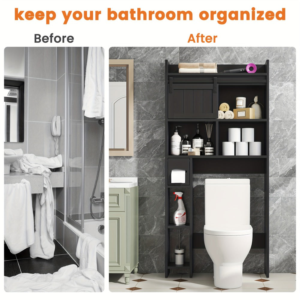 Over The Toilet Storage Cabinet with Sliding Door & Toilet Paper Holder Stand - Space-Saving Bathroom Organizer with Upper Shelf, Lower Storage & Door Storage, Freestanding Floor Cabinet for Bathroom, Restroom - Easy Assembly, No Tools Required, Modern Bl