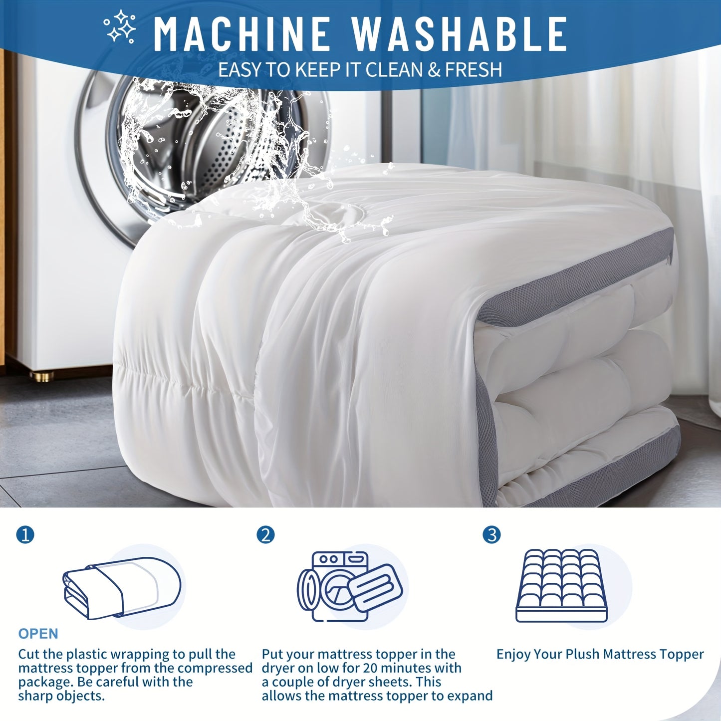 [Plush Machine Washable Topper] Mattress Topper with Overfilled Down Alternative Pillow Top - Baffle Box Design, Plush Support, Machine Washable, Fits 8-21" Deep Pocket Mattresses, Comfort Layer, Luxurious Feel, Durable Polyester
