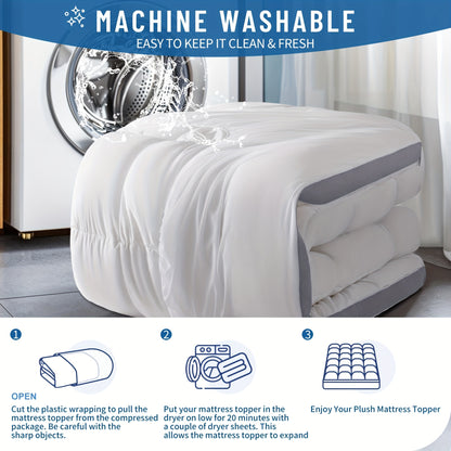 [Plush Machine Washable Topper] Mattress Topper with Overfilled Down Alternative Pillow Top - Baffle Box Design, Plush Support, Machine Washable, Fits 8-21" Deep Pocket Mattresses, Comfort Layer, Luxurious Feel, Durable Polyester