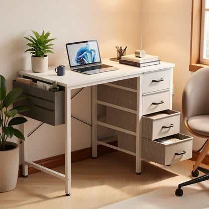 40" Small Desk with 4 Fabric Drawers – Reversible Study Table for Students, Compact Work Desk for Bedroom, Dorm & Small Spaces, White or Black