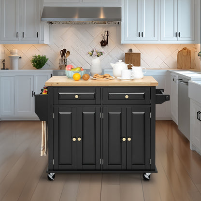 Rolling Kitchen Island with Drop Leaf, Thicken Rubberwood Top, Spice Rack, Towel Rack, Drawer, 43.3" Portable Mobile Kitchen Island Carts Table, Storage Cabinet, Both Wheels And Feet