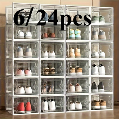 Clear Shoe Boxes with Lids Stackable Foldable Transparent Plastic Shoe Storage Organizer Waterproof Space Saving for Bedroom Closet Entryway Dorm White Black 6 12 24 Pack