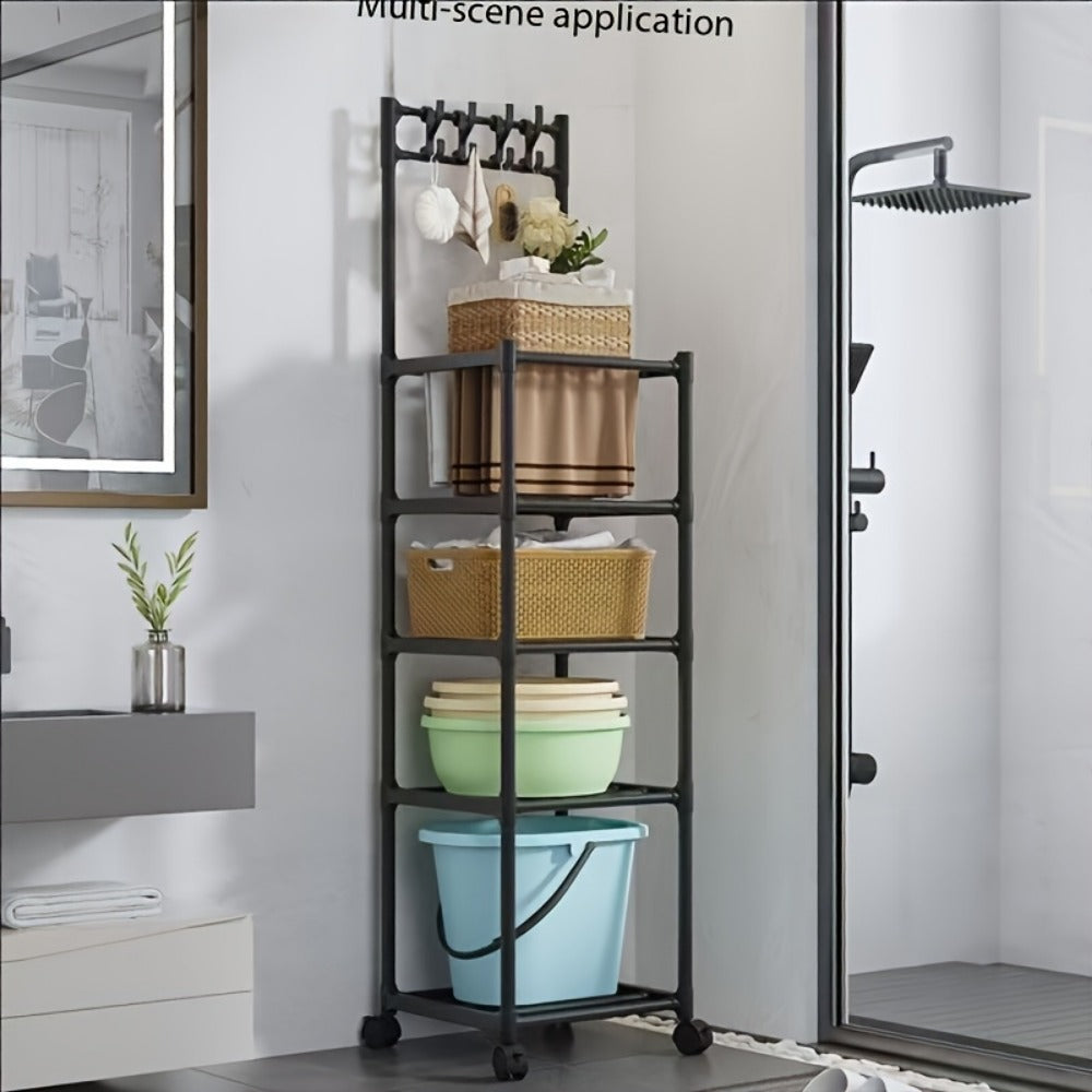 6-Tier Adjustable Metal Storage Rack with Wheels and Hooks - Corner Shelving Unit for Kitchen Bathroom and Garage Organization
