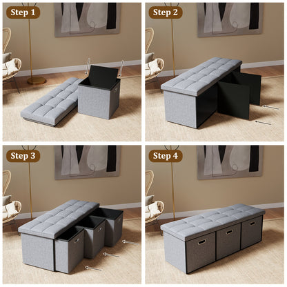 43-Inch Storage Pull-out Ottoman Bench with Hidden Compartment - Heavy-Duty Folding Stool, Soft Synthetic Leather Upholstery, Space-Saving Multi-Functional Footrest for Living Room, Bedroom, Office - 880 Weight Capacity
