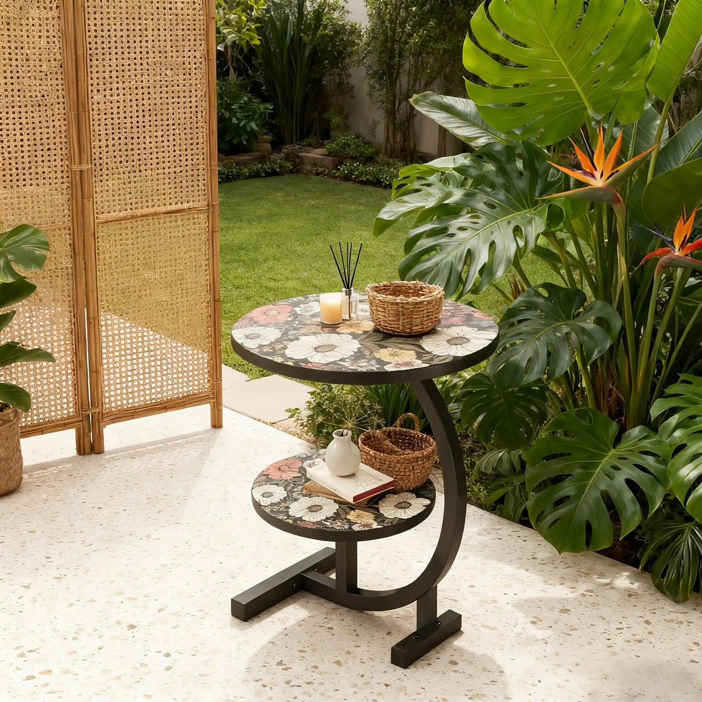 3-in-1 Modern Floral Pattern Multifunctional Courtyard Round Table - Convertible Coffee/side Table/outdoor Furniture, Double-layer Design, Wooden Tabletop And Metal Frame, Suitable for Courtyard, Garden/outdoor Use - Space Saving Circular Design