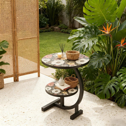 3-in-1 Modern Floral Pattern Multifunctional Courtyard Round Table - Convertible Coffee/side Table/outdoor Furniture, Double-layer Design, Wooden Tabletop And Metal Frame, Suitable for Courtyard, Garden/outdoor Use - Space Saving Circular Design