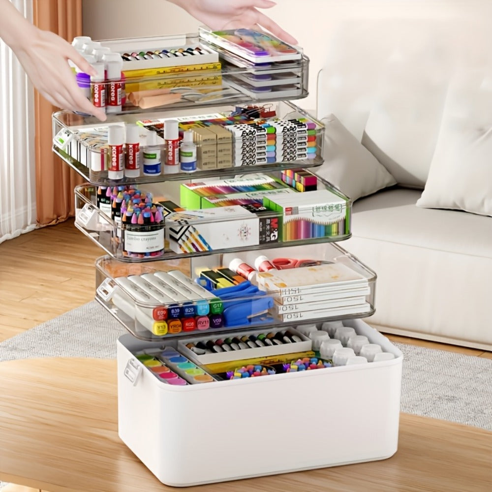 Large Capacity Multi-Layer Transparent Storage Box with Handle, Portable Durable Organizer for Medicine, Office Supplies, Sewing, Bathroom & Travel, Easy to Clean