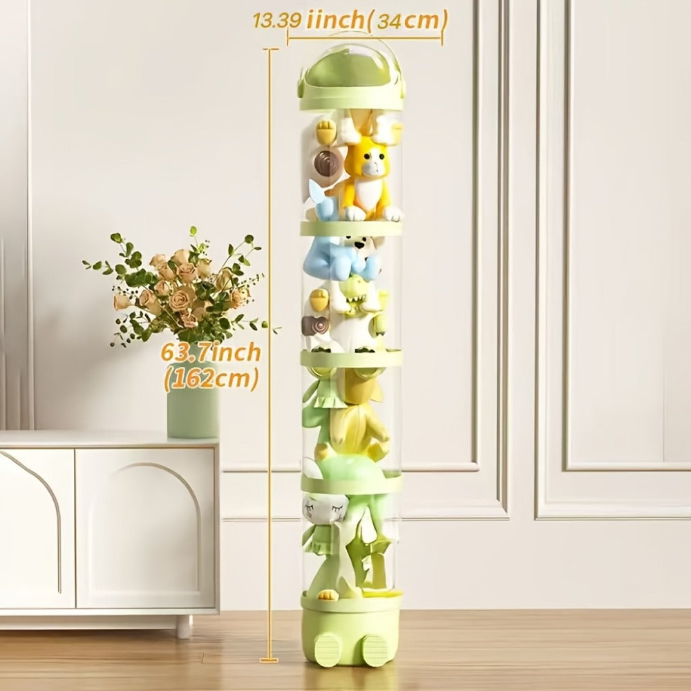 4-Layer Clear Plastic Stuffed Animal Storage Tower Plush Zoo House Organizer Dustproof Display Tube for Bedroom Living Room Dollhouse Decor Green Cream Pink