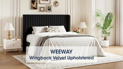 Velvet Wingback Platform Bed Frame with Channel Tufted Headboard – Wooden Slats, No Box Spring Needed, Heavy Duty, Full Queen King, 7 Colors