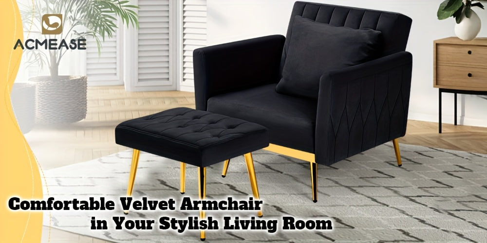 ACMEASE 31.5" Velvet Upholstered Single Chair with Adjustable Armrest And Back, Comfy Armchair with Movable Ottoman, Tufted Accent Chair with Soft Pillow for Living Room
