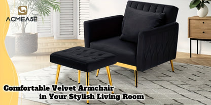 ACMEASE 31.5" Velvet Upholstered Single Chair with Adjustable Armrest And Back, Comfy Armchair with Movable Ottoman, Tufted Accent Chair with Soft Pillow for Living Room