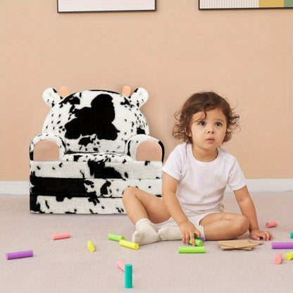 Kids Foldable Sofa Chair, Soft Plush Milk Cow Pattern 2-in-1 Flip Open Children's Lounger, Removable Washable Cover, Lightweight Comfy Animal Chair for Boys & Girls Reading Nook
