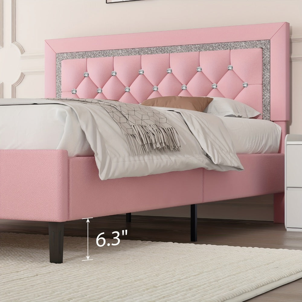 Princess Bed Frame with Diamond Tufted Headboard Twin Full Queen Soft PU Leather Wood Slats 900 lbs Capacity Easy Assembly Bedroom Furniture Pink White Black