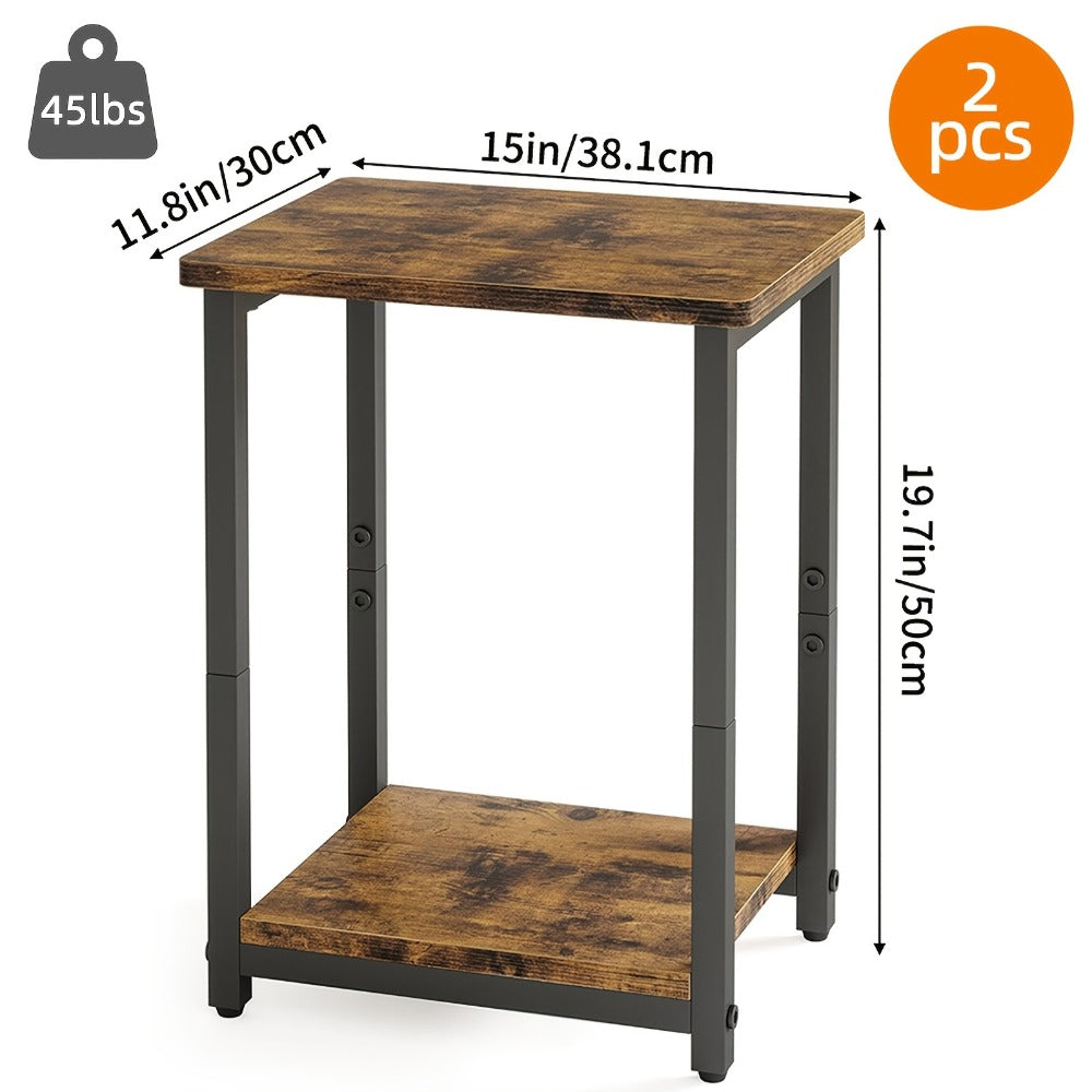 Rustic 2-Tier Side Table Set of 2 – Brown & Black Small End Table with Storage Shelves, Sofa Table Nightstand for Living Room Bedroom Office