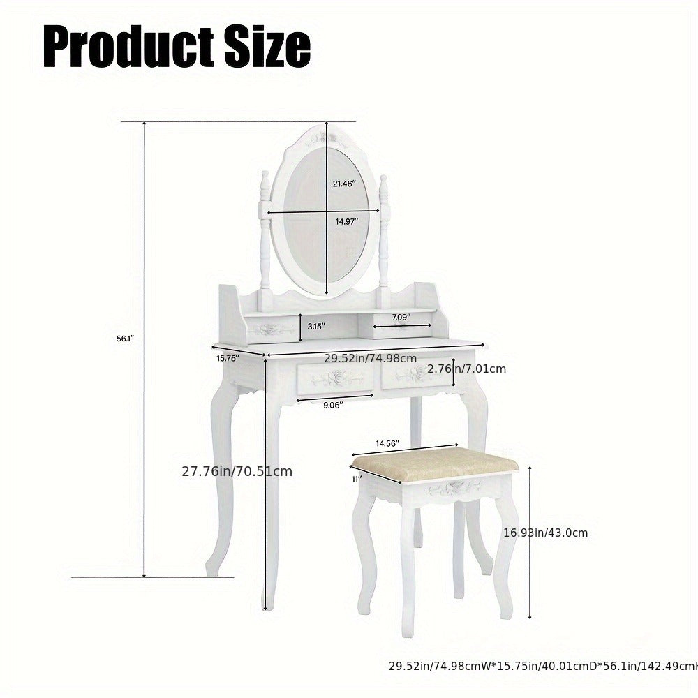Rotating Mirror Vanity Table with 4 Drawers & Detachable 360° Mirror – Modern Dressing Table with Stool, MDF & Solid Wood, White