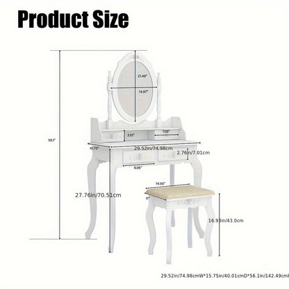 Rotating Mirror Vanity Table with 4 Drawers & Detachable 360° Mirror – Modern Dressing Table with Stool, MDF & Solid Wood, White