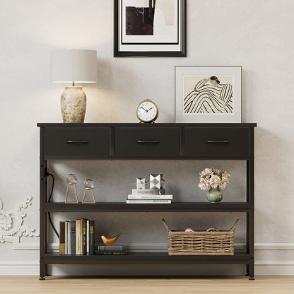 3-Tier Console Table with Charging Station, Entryway Table with Storage Drawers And Open Shelves, Narrow Sofa Table with USB Ports And Outlets, Adjustable Feet, And Modern Design for Hallways, Living Rooms, And Small Spaces