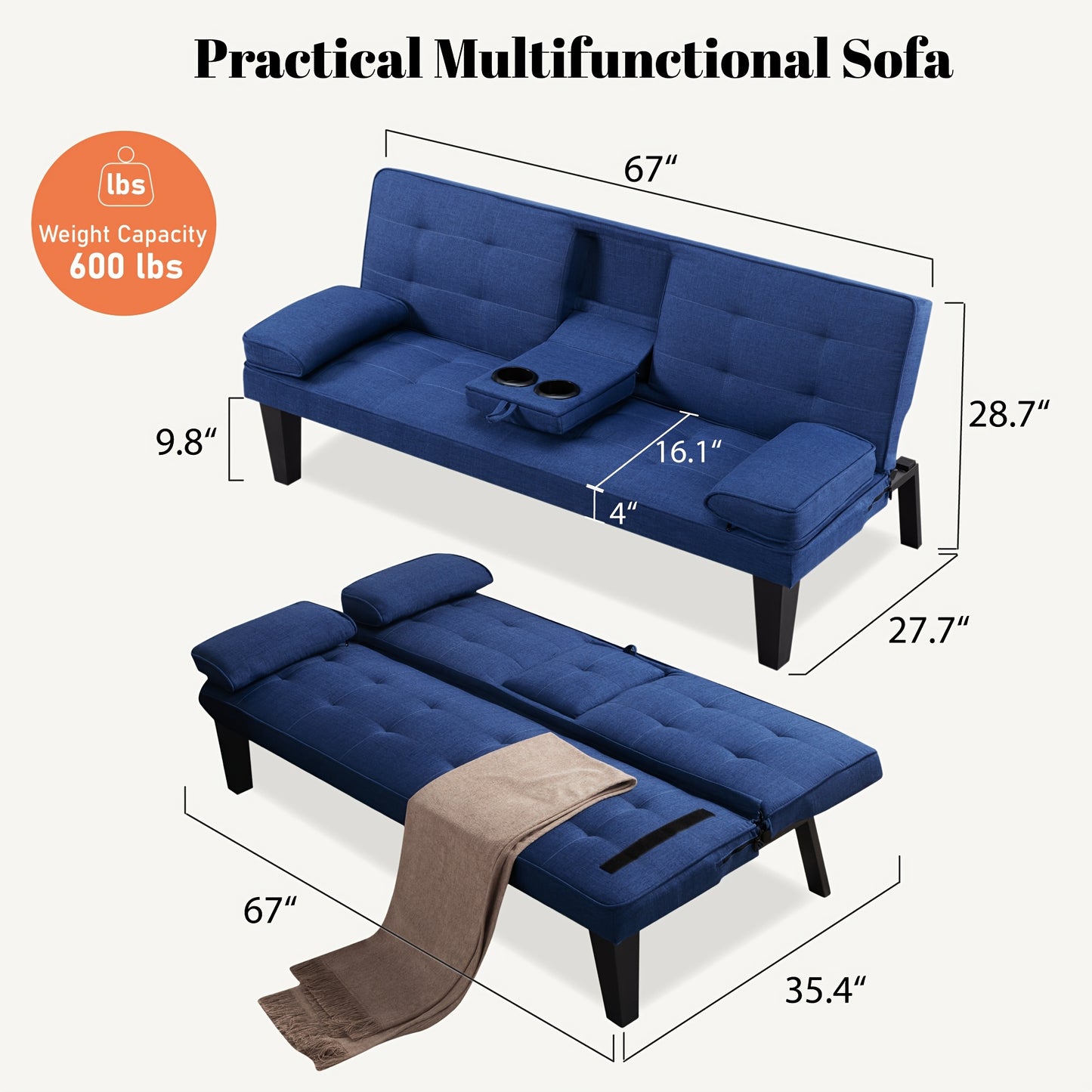 Convertible Futon Sofa Bed 67 Inch Sleeper Couch with Adjustable Backrest, Cup Holders, Detachable Armrests & Side Pocket - Fold Flat Guest Bed for Living Room, Apartment, Dorm
