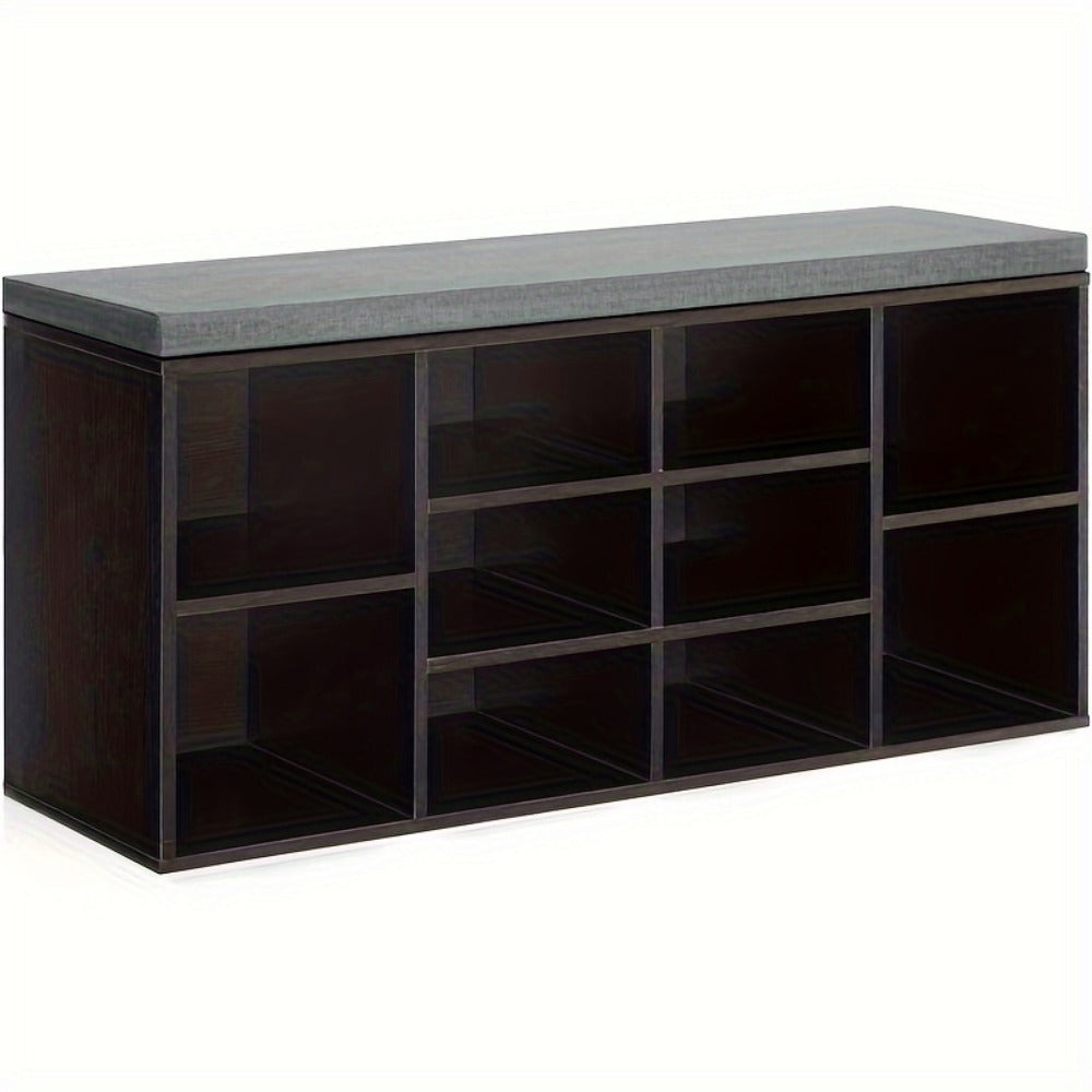 Shoe Storage Bench 3-Tier with 10 Adjustable Cubbies Upholstered Entryway Bench Organizer for Hallway, Living Room & Bedroom – Black & Brown