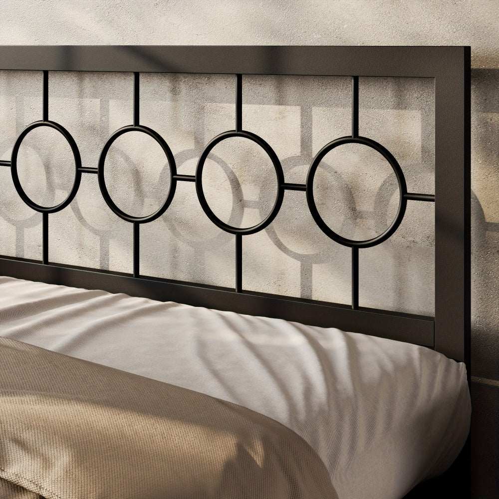 Metal Platform Bed Frame with Vintage Circular Design Headboard and Footboard Under Bed Storage No Box Spring Twin Full Queen King Black Brown