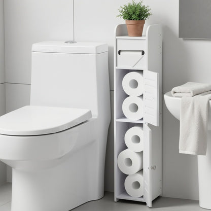 PVC Double Door Bathroom Storage Cabinet Floor Standing White, Thickened Waterproof Freestanding Organizer for Toilet Paper, Shampoo & Toiletries