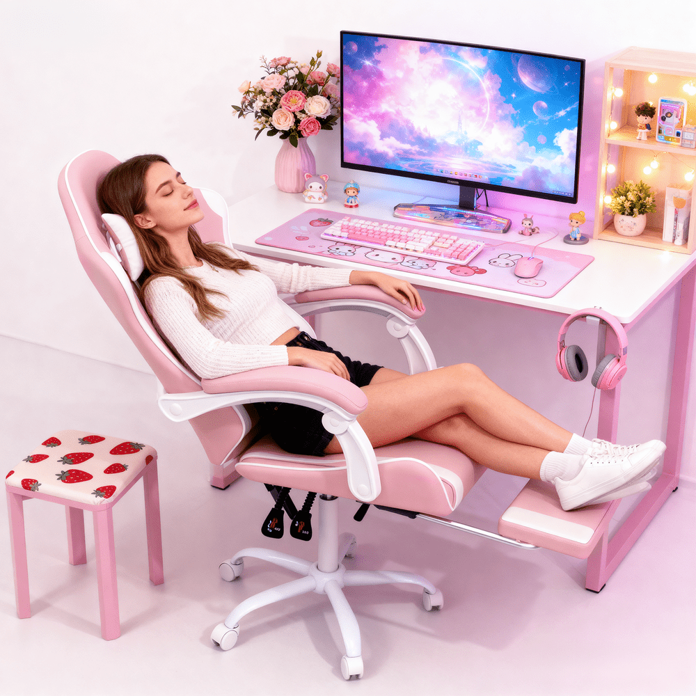 Ergonomic Gaming Chair with Retractable Footrest & Detachable Lumbar Support 360 Degree Swivel Racing Style PU Leather Computer Gaming Chair with Headrest for Home Bedroom Office