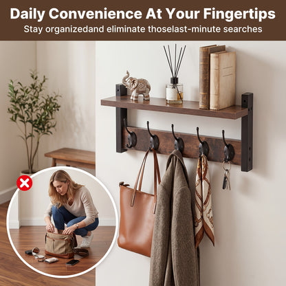 Heavy Duty Industrial Metal Wall-Mounted Coat Rack with Shelf & Hooks - Rustproof Entryway Organizer with Multi-Tier Storage, Space-Saving Design for Hallway, Porch, Mudroom - Sturdy Hardwood/Metal Construction, No Assembly Required
