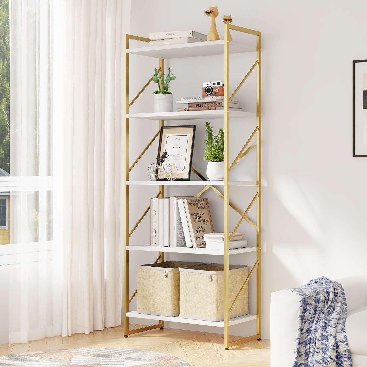 JY QAQA 5 Tiers Bookshelf, Classically Tall Bookcase Shelf, Industrial Book Rack, Modern Book Holder In Bedroom/ Living Room/ Home/ Office, White & Golden