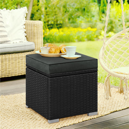 Costoffs 2pcs Rattan Ottomans with Hidden Storage & Removable Cushions, Outdoor Patio Furniture Ottoman Set, Versatile Resin Wicker Footstools, Side Tables, Additional Seating for Garden, Balcony, Deck, Khaki/Gray/Blue