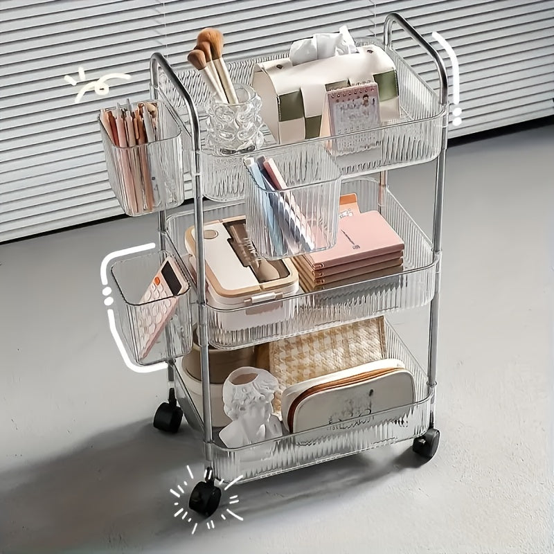 3-Tier Acrylic Rolling Storage Cart with 3 Hanging Storage Boxes, Rolling Cart for Cosmetics, Books, Snacks, Durable Acrylic Material, Under 27" Height, Versatile Bathroom Cart, Utility Carts, Snack Cart, Acrylic Bar Cart