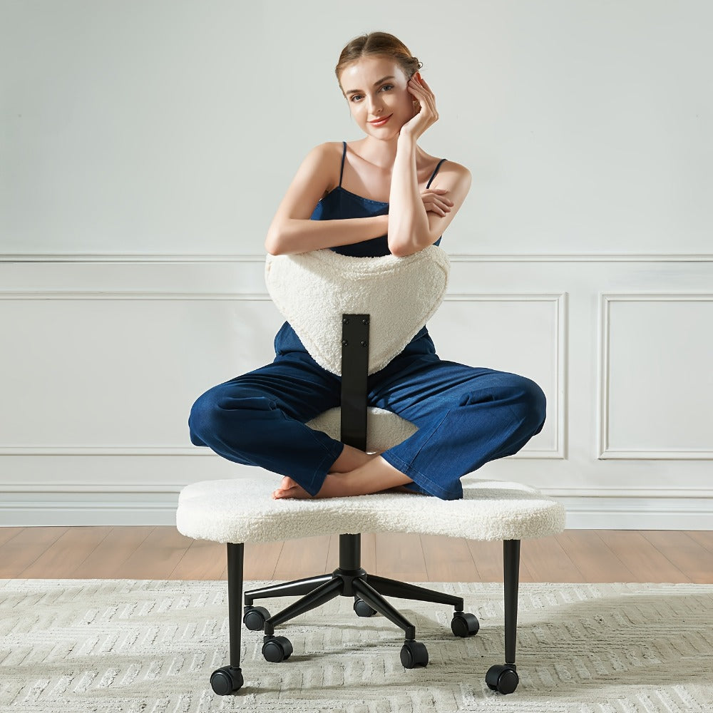 Cross-Legged Meditation Chair with Wheels – Height Adjustable ADHD Chair, Ergonomic Crescent Back Support, Memory Foam Seat, 360° Swivel, Teddy Fleece & Faux Leather in 4 Colors