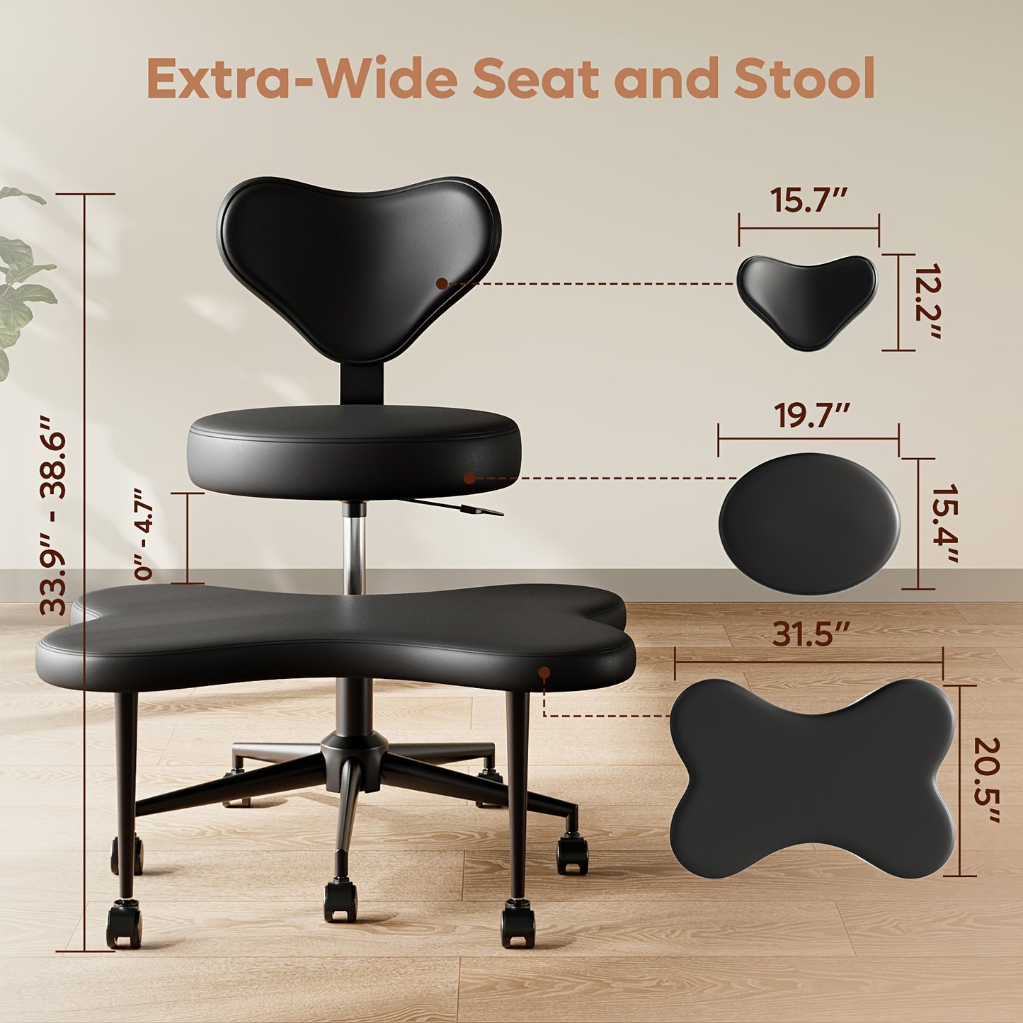 Cross Legged Chair - Meditation Chair With Wheels, ADHD Chair, Height Adjustable Seat, Adjustable Stool, Ergonomic Back Support, Flexible Design, Velvet And Faux Leather Black, Perfect Christmas Gift For Fidgety Sitters And Yoga Lover