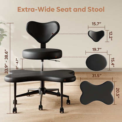 Cross Legged Chair - Meditation Chair With Wheels, ADHD Chair, Height Adjustable Seat, Adjustable Stool, Ergonomic Back Support, Flexible Design, Velvet And Faux Leather Black, Perfect Christmas Gift For Fidgety Sitters And Yoga Lover