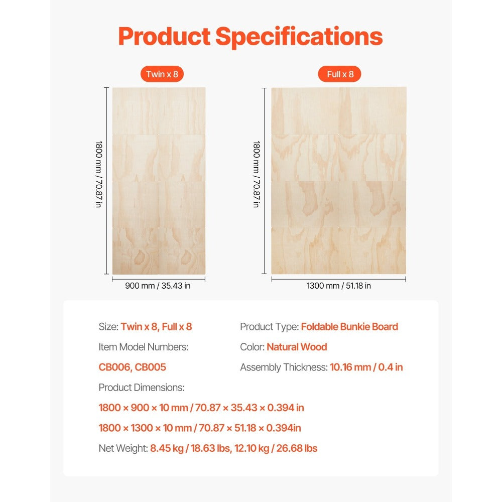 VEVOR Full Size Bunkie Board, 0.4 in Foldable Bed Board Slats with Connection, Wooden Mattress Support for Full/Twin Size Bed, Support Under Mattress Boards, Ready to Use, 8 Piece, Burlywood