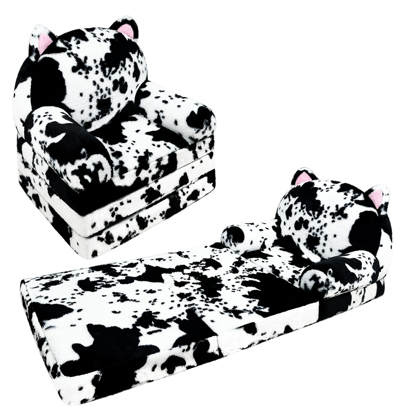 Kids Foldable Sofa Chair, Soft Plush Milk Cow Pattern 2-in-1 Flip Open Children's Lounger, Removable Washable Cover, Lightweight Comfy Animal Chair for Boys & Girls Reading Nook