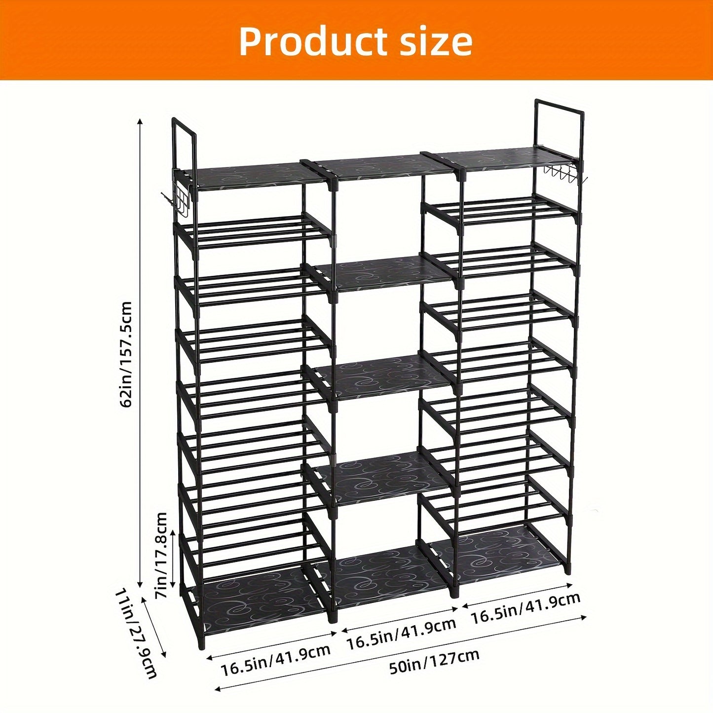 1pc 9 Tier Shoe Rack Organizer(129.5 Depth X 26.9 Width X 155.4 Height Cm), Black, 50-55 Pairs, Stackable Metal Shelf With Hooks For Entryway, Shoe Racks For Bedroom Closet, For Halloween And Christmas
