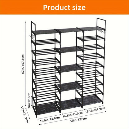 1pc 9 Tier Shoe Rack Organizer(129.5 Depth X 26.9 Width X 155.4 Height Cm), Black, 50-55 Pairs, Stackable Metal Shelf With Hooks For Entryway, Shoe Racks For Bedroom Closet, For Halloween And Christmas
